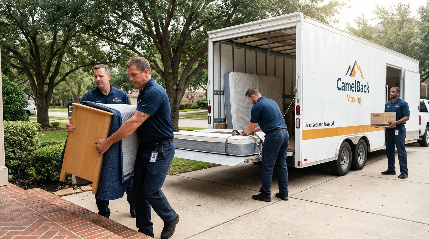 Crew loading residential truck for cross-state move from Corrigan, TX