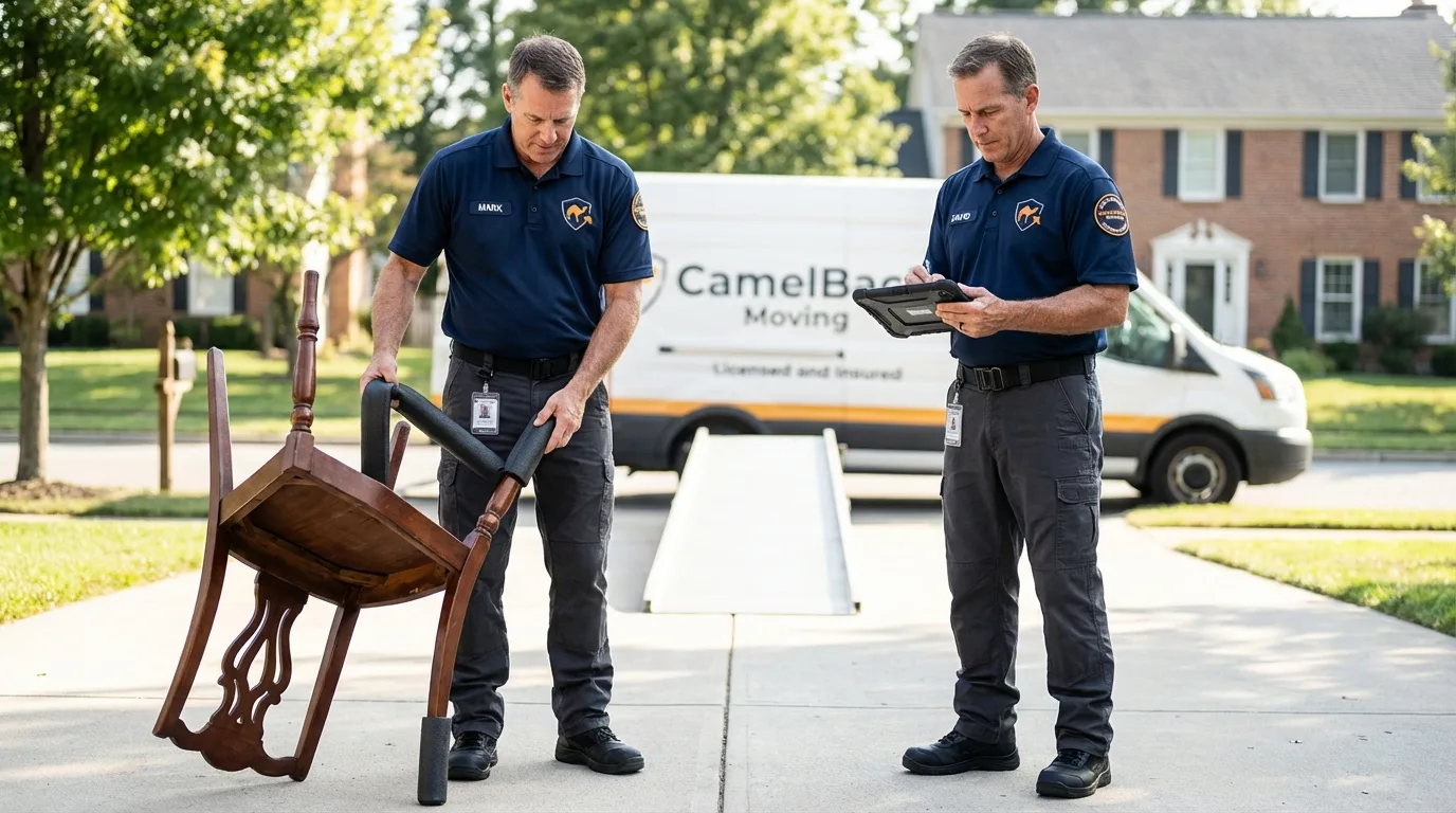 Movers inspecting furniture for damage prevention before loading in Corrigan, TX