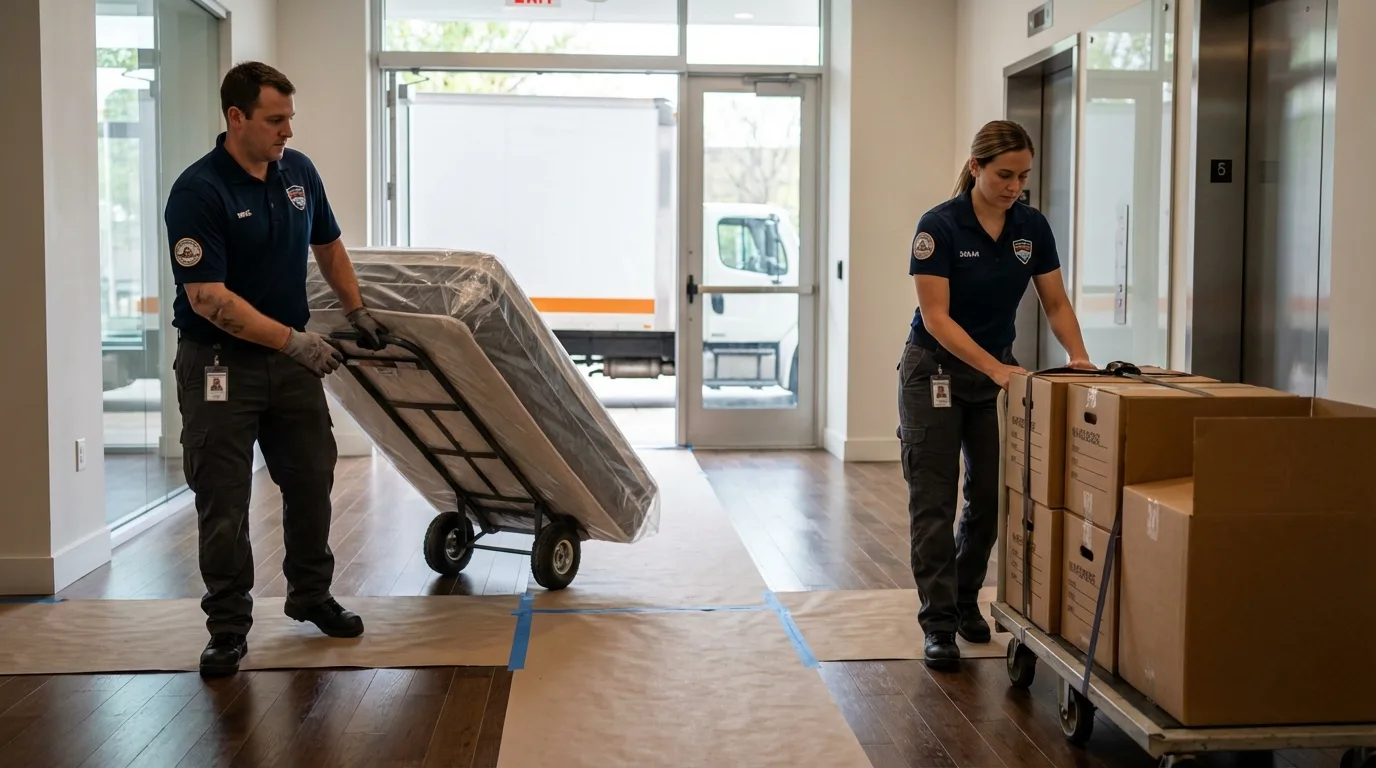 Professional apartment movers loading elevator in Corrigan, TX