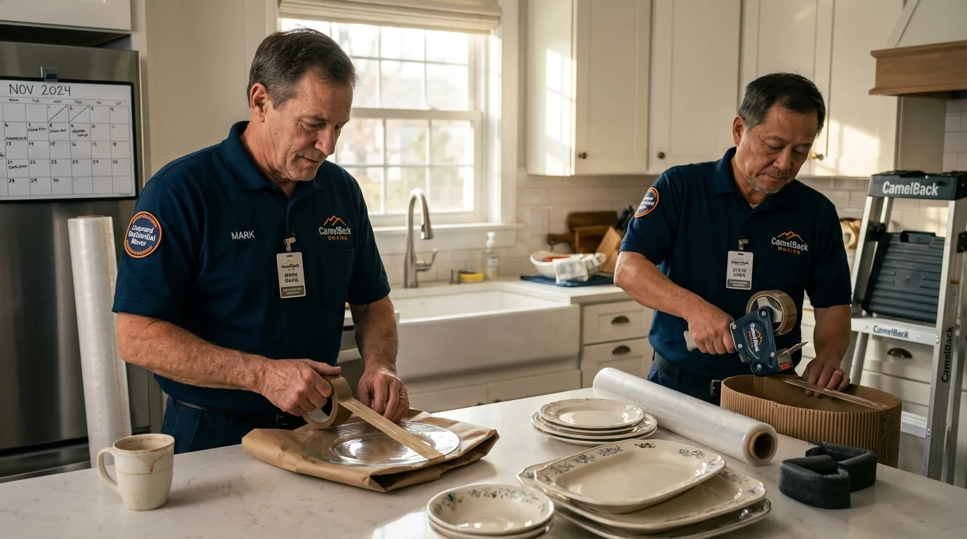 Professional crew packing kitchen dishware in Corrigan, TX